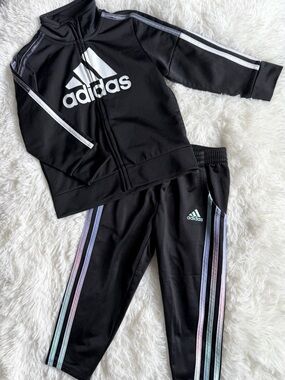 adidas 2T/3T Black Tracksuit Set Pastel Stripe Jacket Joggers Toddler Outfit